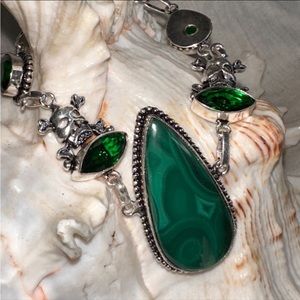 Malachite teardrop + Green Topaz Skull n Bones handmade 925 Bracelet